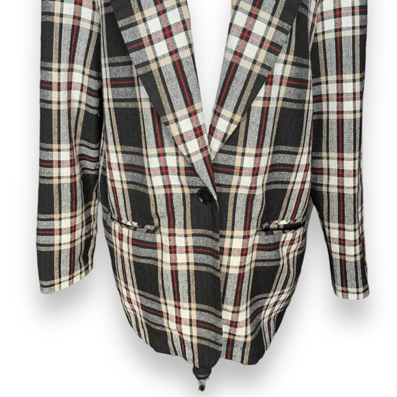 Vintage 90s Blazer Jacket Oversized Black Tan Plaid One Button Preppy Small - Picture 6 of 9